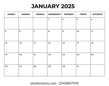 Enero 2025 Diseño de calendario mensual con notas y la semana comienza desde el domingo