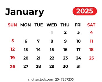 Enero 2025 Diseño de calendario mensual con aspecto limpio y la semana comienza desde el domingo