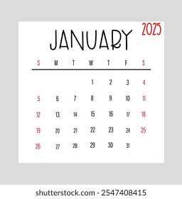 Enero 2025 Semana de diseño del calendario mensual comienza desde el domingo