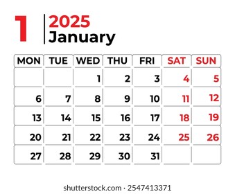 Enero 2025 Semana de diseño del calendario mensual comienza desde el domingo