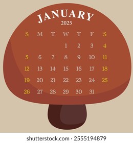 January 2025. monthly calendar design. week starts on Sunday. printable, editable, in mushroom.