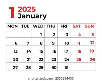 January 2025 Monthly Calendar design week starts from sunday