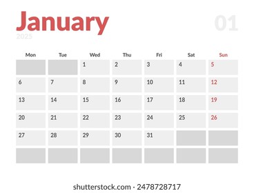 January 2025 Monthly Calendar Page Design, Editable Template for Print, Poster, or Planner