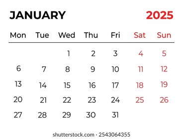 Enero de 2025 Diseño mensual de calendario de oficina con aspecto limpio y la semana comienza desde el domingo