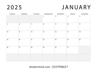 January 2025 monthly planner. Calendar template. Sunday start. Vector design