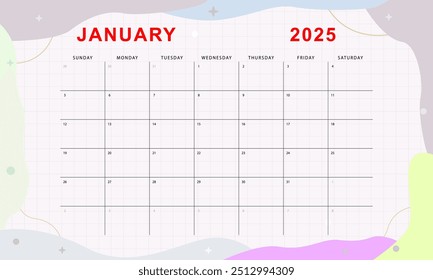 January 2025 monthly planner. Cute calendar template. Sunday start. Vector design