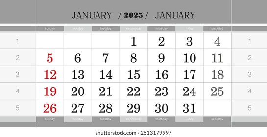 Kalenderblock Januar 2025. Wandkalender auf Englisch, Woche beginnt am Sonntag. Vektorgrafik.