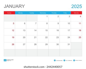 January 2025 template, Calendar 2025 design, Desk Calendar 2025 template, Planner simple, Week starts Sunday, Stationery, Wall calendar, printing, advertisement, vector illustration