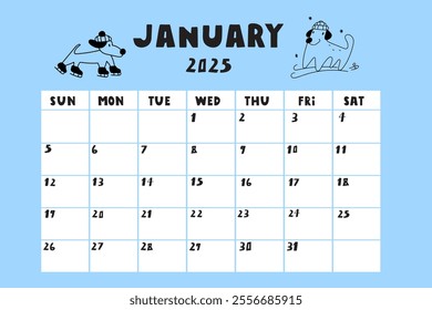 January 2025. Template calendar list. Monthly planner design. Illustration on blue background.