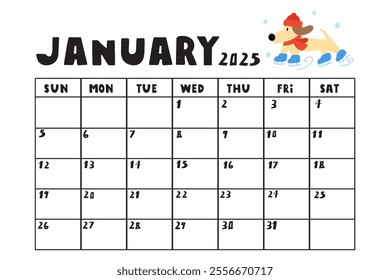 January 2025. Template calendar. Simple planner design. Hand drawn illustration on white background.