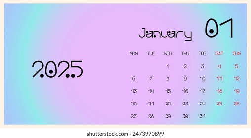 January 2025 template calendar. Trendy gradient background. The week begins on Monday. Ideal for planners, desk calendars, wall calendars, print media, advertisements, and office stationery