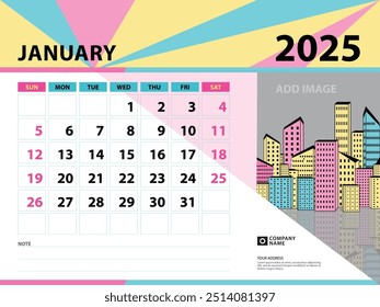 January 2025 template - Calendar 2025 year design, Desk calendar 2025 year, Planner, Week starts on Sunday, Wall calendar design, Stationery design, vintage background vector eps10