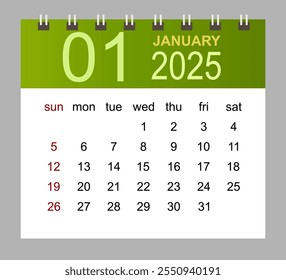 Enero de 2025. Plantilla de calendario mensual de Vector 2025 año en estilo simple para el diseño de Plantilla. La semana comienza a partir del domingo.