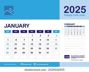 January 2025 year, Calendar planner 2025 and Set of 12 Months, week start on Sunday. Desk calendar 2025 design, simple, Wall calendar, Corporate design planner template vector, blue background