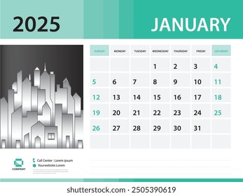 January 2025 year- Calendar 2025 template, Desk Calendar 2025 year, Week Start On Sunday, Wall calendar design, sample Planner, Stationery, Poster, printing media, green background