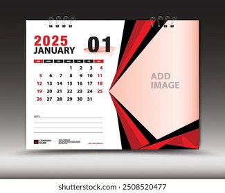 January 2025 year, Desk calendar 2025 template, Printable, Planner, Wall calendar design, Week starts on Sunday, Stationery design, Printing media, advertisement, calendar design vector illustration