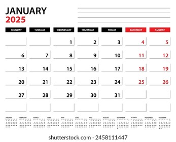 Plantilla del planificador anual de enero de 2025, Plantilla del calendario 2025, planificadores mensuales y anuales. agenda del organizador. inicio de la semana lunes, Plantilla del planificador corporativo, agenda del escritorio 2025, Ilustración vectorial