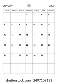 January 2025 year planner template, calendar 2025 desgin, monthly and yearly planners. organizer diary. week start Sunday, corporate planner template, Desk calendar 2025, vertical layout, vector