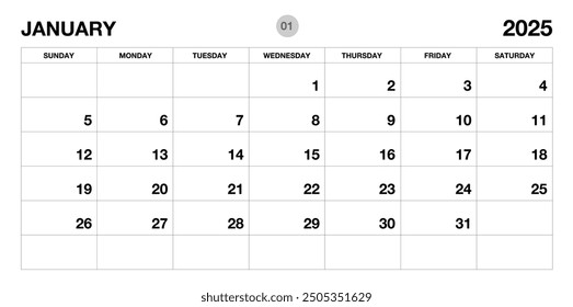 January 2025 year planner template, calendar 2025 template, monthly and yearly planners. organizer diary. week start Sunday, corporate planner template, Desk calendar 2025, Horizontal layout