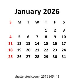 January 2026. Calendar with holydays or red dates. monthly calendar design with week starts on sunday. printable, simple, and clean vector design isolated on white background.