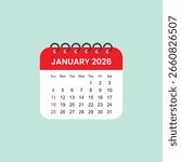 January 2026 Calendar Leaf. Calendar 2026 in flat style vector stock illustration.