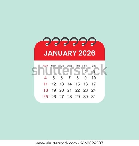 January 2026 Calendar Leaf. Calendar 2026 in flat style vector stock illustration.