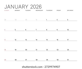 January 2026 calendar planner template. Week starts on Sunday. Clean and modern design for business scheduling and organization. Vector illustration for a printable agenda layout