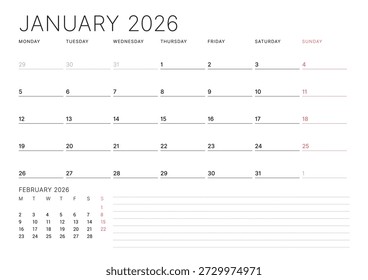 January 2026 calendar planner template. Week starts on Monday. Minimalist and clean design for scheduling and organization. Vector illustration for business or personal use. Printable agenda layout