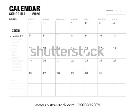 January 2026 calendar planner template with monthly layout, clear day and date for event schedules, meeting planning, and agenda organization. Minimalist design and easy to use. Vector illustration.