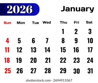 Vetor de calendário de janeiro de 2026. Editável calendário de janeiro de 2026.