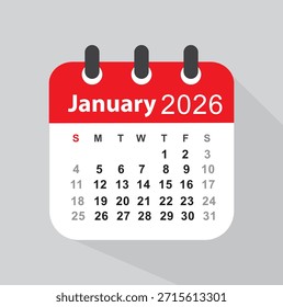 Calendario de enero de 2026, Vector, ícono. 