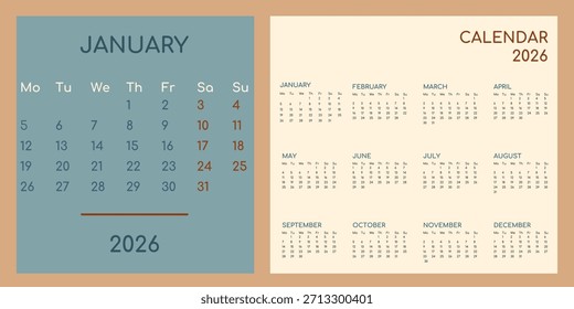 Plantilla de Vector de enero de 2026. Un calendario colorido y de tonos cálidos para todo el año 2026 para la planificación y los negocios.