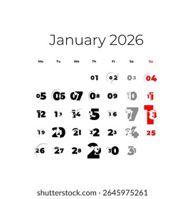January 2026 calendar. The week starts on Monday, vector