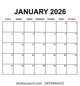 january 2026 with holydays or red dates. monthly calendar design with week starts on sunday. printable, simple, and clean vector design isolated on white background.