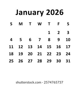 January 2026. monthly calendar design. week starts on sunday. printable, editable, simple, and clean vector design isolated on white background.