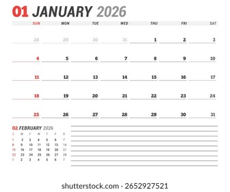 Janeiro 2026 Modelo de Calendário Mensal para Planejamento e Organização melhora a precisão de programação e estrutura semanal com linhas em branco minimalistas. A semana começa no domingo. ilustração vetorial