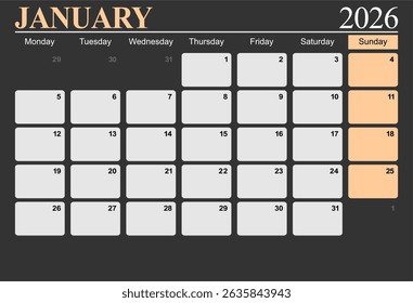 January 2026 monthly desk calendar for 2026 year, The week start on monday, EPS file vector.