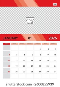 January 2026 year template, Calendar 2026 design vector, Desk calendar 2026, planner monthly design, Wall calendar, Vertical poster template, Week Starts on Sunday, printing media, red background