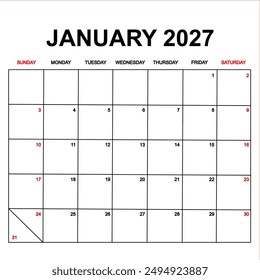 january 2027 calendar with holydays or red dates. monthly calendar design with week starts on sunday. printable, simple, and clean vector design isolated on white background.