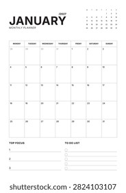 January 2027 Calendar Planner Vector Illustration Template With Monday Start Portrait Layout for 2027 featuring Monday week start, boosting office scheduling, productivity and print publishing