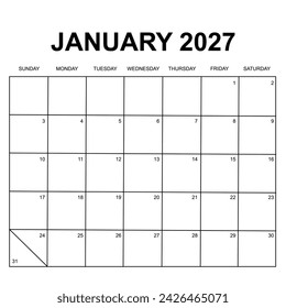 January 2027 calendar. Printable, simple, and clean calendar design. Week starts on sunday.