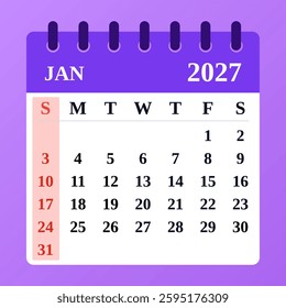 January 2027 calendar template with a clean design, purple tones, and organized layout. Perfect for planning, scheduling, and reminders.