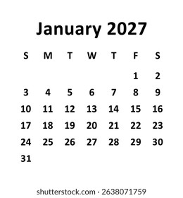 January 2027. monthly calendar design. week starts on Sunday. printable, editable, simple, and clean vector design isolated on white background.