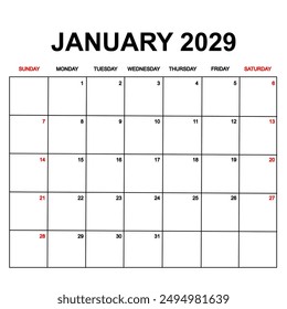 january 2029 Calendar with holydays or red dates. monthly calendar design with week starts on sunday. printable, simple, and clean vector design isolated on white background.