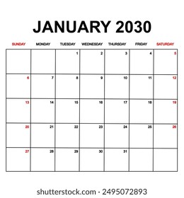 january 2030. Calendar with holydays or red dates. monthly calendar design with week starts on sunday. printable, simple, and clean vector design isolated on white background.