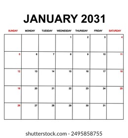 january 2031. Calendar with holydays or red dates. monthly calendar design with week starts on sunday. printable, simple, and clean vector design isolated on white background.