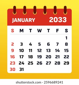 January 2033 Calendar. Embrace a fresh start with chilly winter days, frosty mornings, and new resolutions. Plan, organize, and set goals for success in the year ahead!

