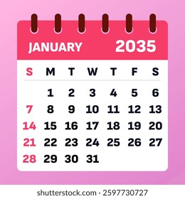 January 2035 Calendar Design. Vector Illustration. Monthly Organizer. Flat style.