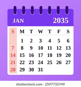 January 2035 Calendar Template. Vector illustrations. Perfect for planning and organization.