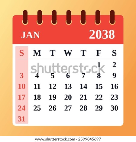 January 2038 Calendar Template. Simple monthly planner for scheduling and organizing. Clean layout in vector format. Flat design.